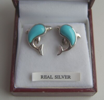 Vintage 925 Sterling Silber Dornröschen Türkis Delfin Ohrstecker
