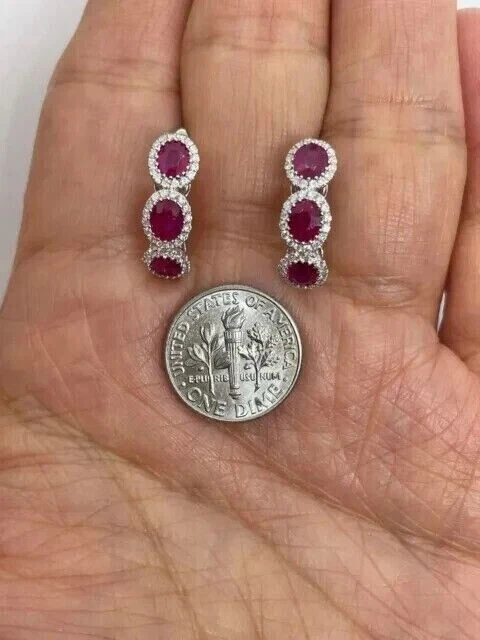 2Ct Oval Lab Created Red Ruby Women's Huggie Hoop Earrings 14K White Gold Plated - Image 3 of 4