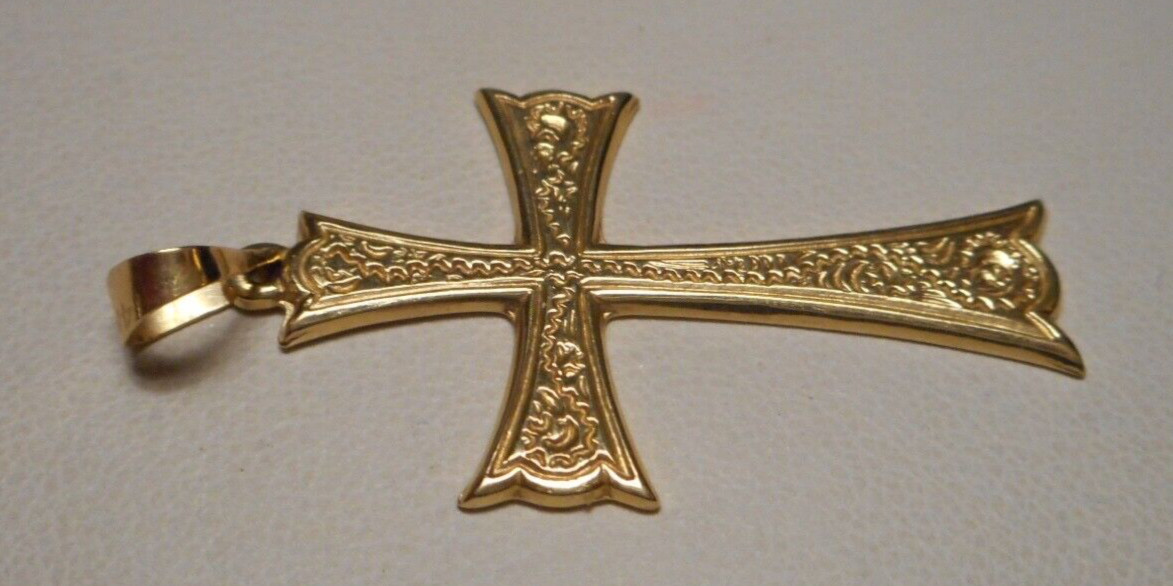 14K Yellow Gold Embossed Cross Pendant w Flared E… - image 5