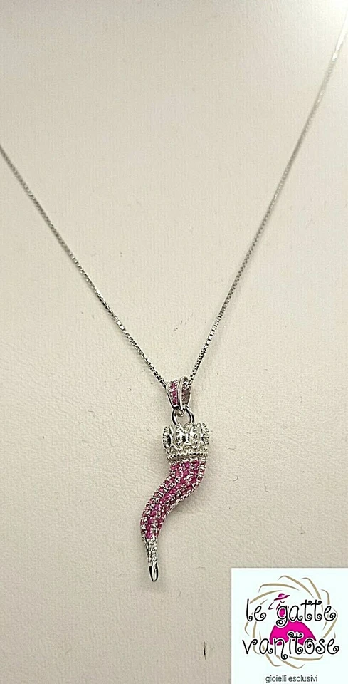 Collana con Corno cornetto  Portafortuna in Argento 925  Zirconi Rossi bombato - Immagine 3 di 4