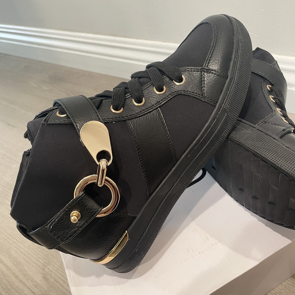 Aldo Women's Y2K Black Mid-Top Sneakers Zip Buckle Lace Up