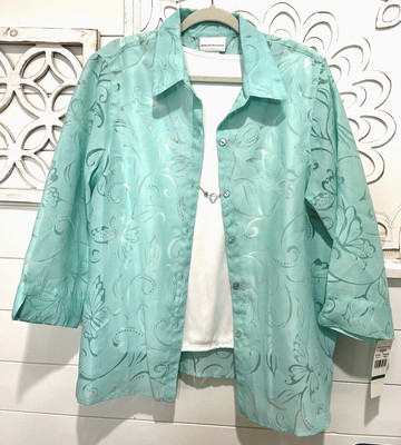 NWT Alfred Dunner Burnout 2 for 1 Butterfly Shirt w Shell Necklace Womens Sz L
