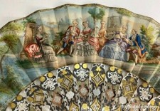 Fine Antique 19th Museum Quality European Inlaid Painted Mother of Pearl Fan