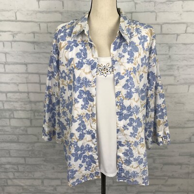 Alfred Dunner Blue White Floral Top Blouse Tank Faux Twin Set Layered Size 20