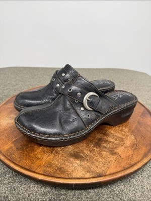 b.o.c. Born Concepts Shoes Wm 9 Black Leather Slip-On Clog Mules Buckle Accent