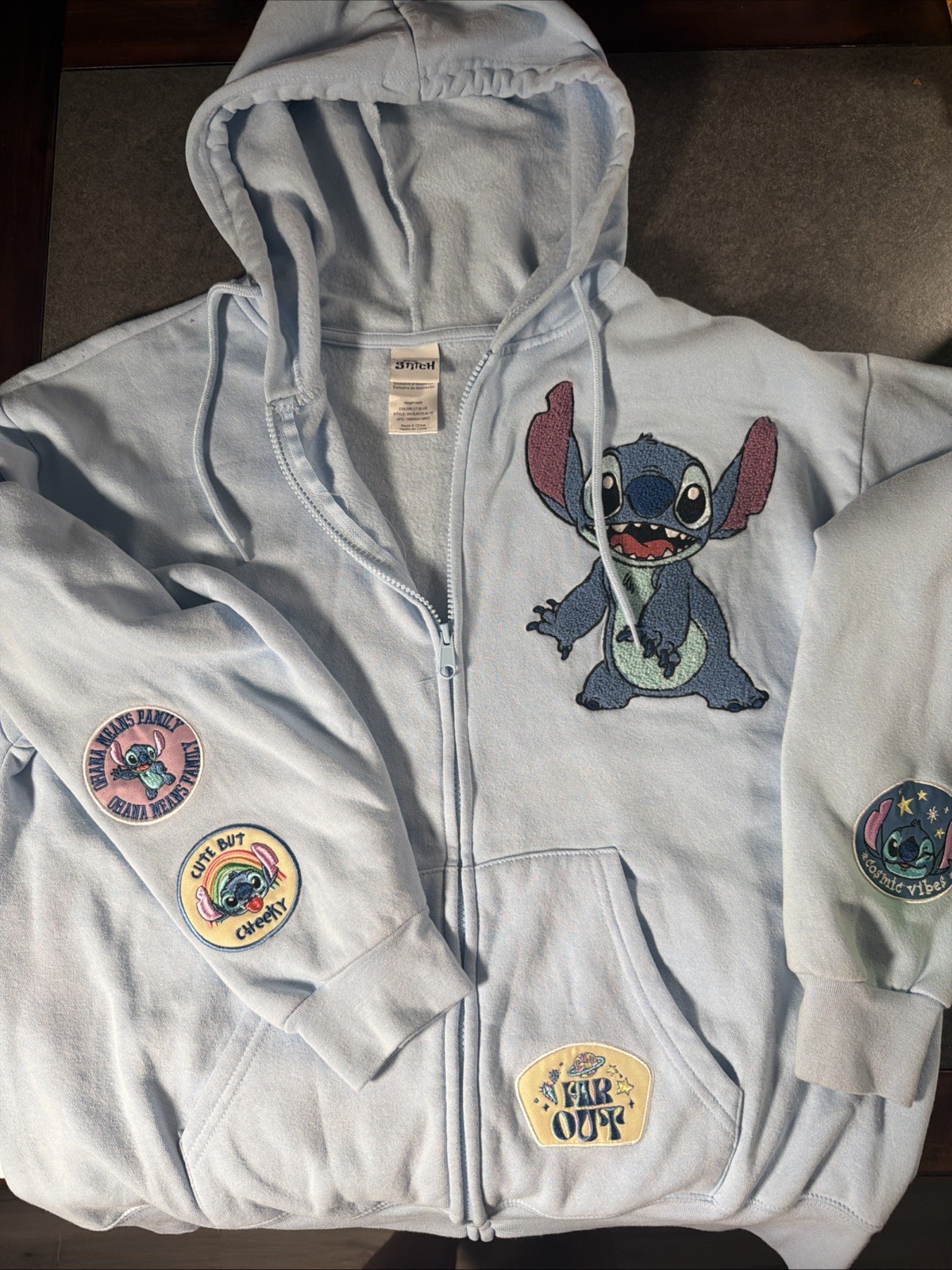 Disney Stitch Hoodie Womens XL Blue Zip Up Lilo & Stitch Patch Sweatshirt