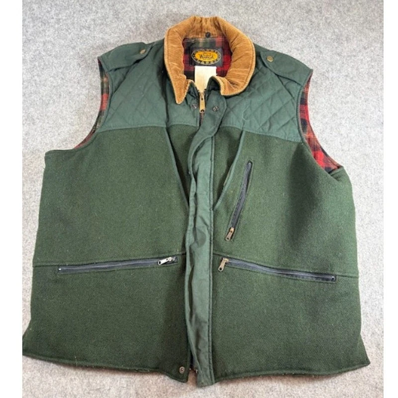 VTG 90s Woolrich Wool Utility Hunting Vest Mens XL Plaid Corduroy Collar Outdoor
