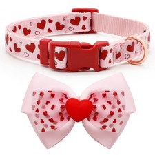 Adjustable Spring Dog Collar Removable Bowtie Pink Heart Pattern Small