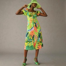 Farm Rio Anthropologie Midi Dress Tropical Print Puff Sleeve Linen Green Medium