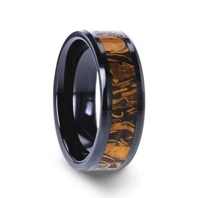 SAHARA Black Ceramic Wedding Band with Sanskrit Stone - 8mm