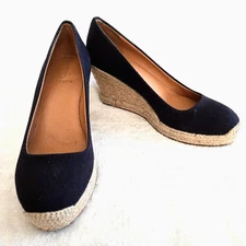 J Crew Wedge Espadrille Womens Sz 7  Canvas Navy Blue Casual Seville AL003