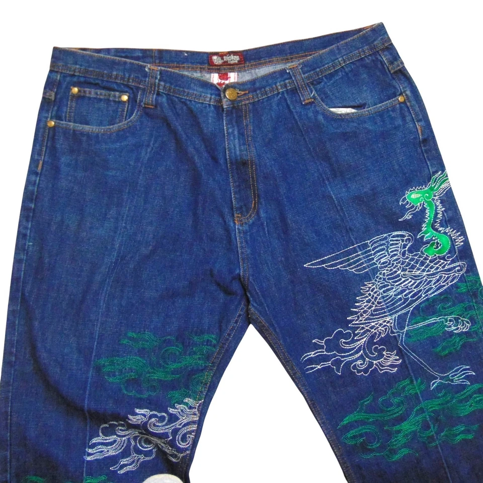 Miskeen Originals Men’s 36x32 Jeans Embroidered Dragon Japan Streetwear Y2K - Image 2 of 4