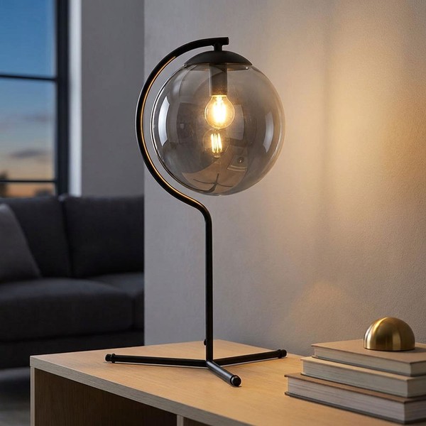 Tischleuchte Schlafzimmerlampe Beistelllampe Glas Kugel Rauchfarben H 50 Cm-image