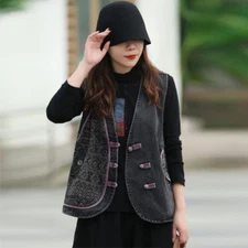 Women Denim Tank Tops Retro Waistcoat Gilet Vest Jacket Coat Sleeveless Ethnic