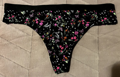 Victoria's Secret PINK Black Floral Print Wear Everywhere Lace Thong Panty ~ M!