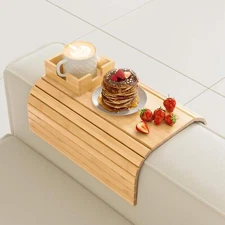TOOVEM Couch Cup Holder Tray, 2 in 1 Couch Arm Table Tray Bamboo Sofa Arm Rest