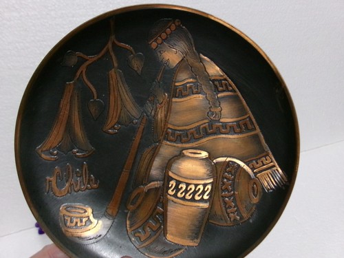 Etched Copper Plate Design Pottery & Woman Smoking Long Pipe Chilean Folk Art - Picture 3 of 13