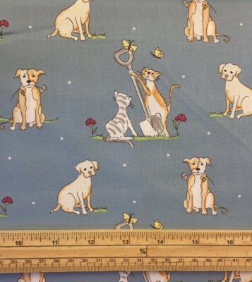 Fat Quarter Pets Katzen und Hunde im Garten blau 100% Baumwolle Steppstoff