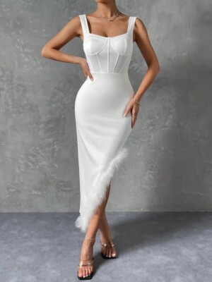 Summer New French Temperament Feather Decoration White Long Style Square Neck Ha
