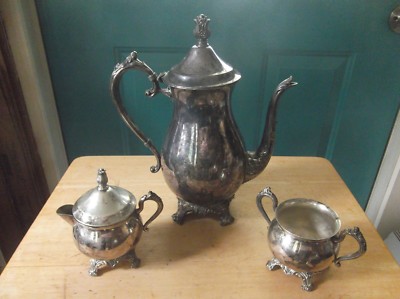 F.B. Rogers Silver Plate Silver Co. Coffee Pot, Creamer, Sugar
