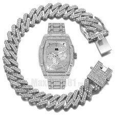 MEN HIP HOP SILVER TONE LUXURY SIMULATED DIAMOND WATCH ICED CUBAN BRACELET SET