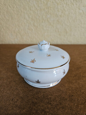 Vintage Nasco Stoneware Trinket Box White Gold Fleur de Lis & Trim Made In Japan