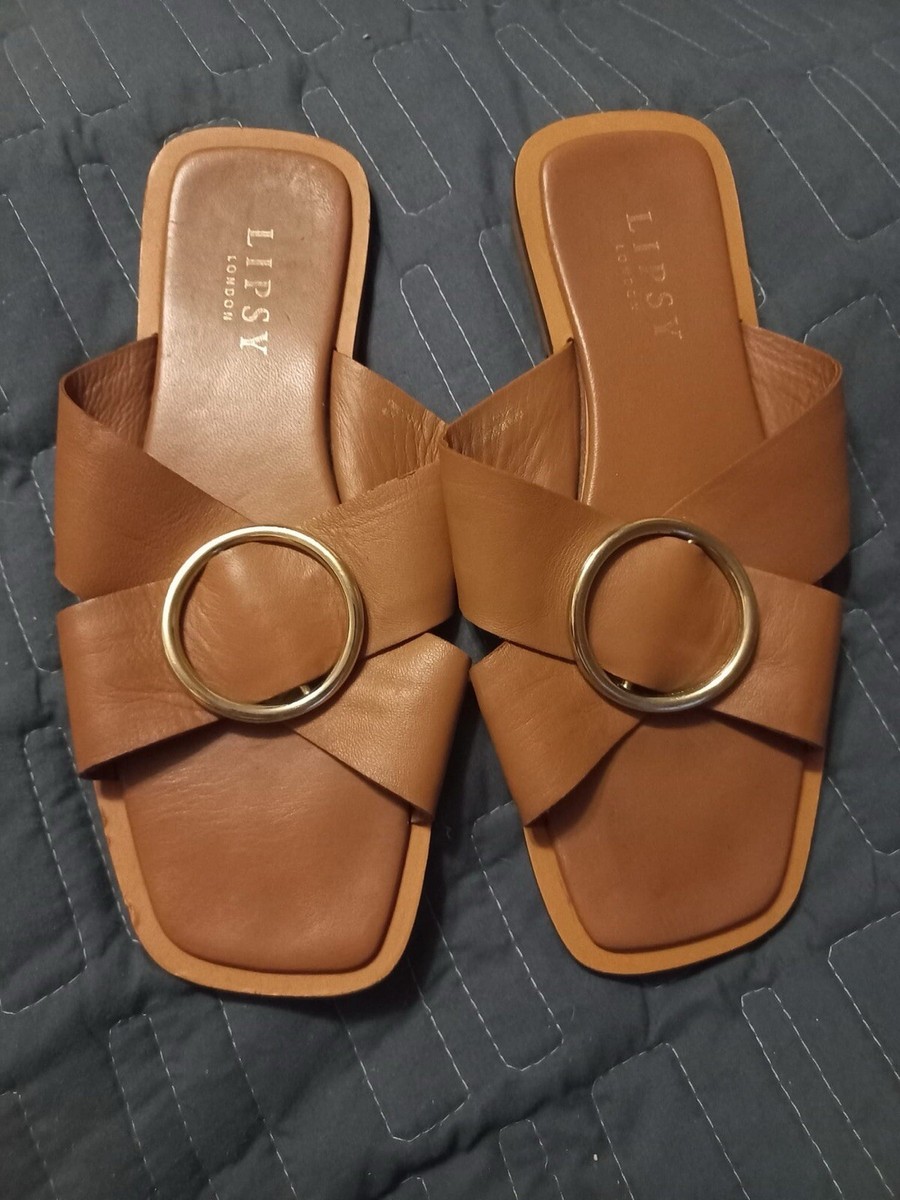 Lipsy Brown Ring Cris Cross Sliders Slippers Leather Flats UK