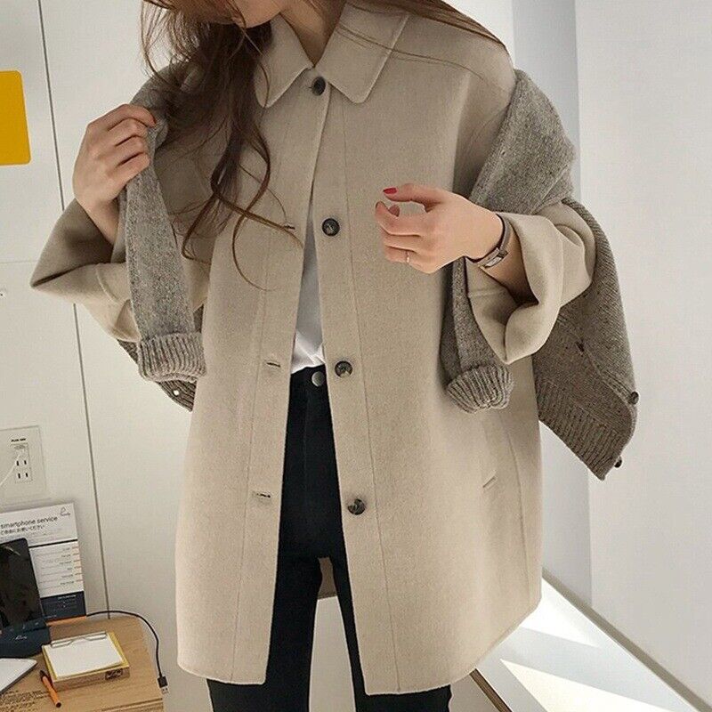 Womens Wool Blend Lapel Loose Trench Coat Outwear Casual Japanese