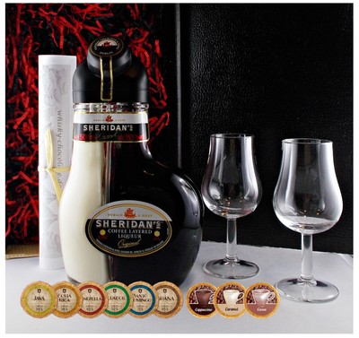 Geschenk Sheridan`s Coffee Likör + 2 Likörgläser + 9 Edelschokoladen in 9 Sorten