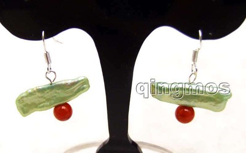 20-25mm Green Natural Biwa Pearl Dangle Earring for Women & 6mm Round Blue Jade - Picture 17 of 20