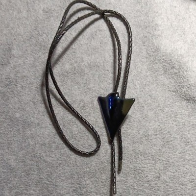 Men's Western Adjustable Bolo Tie Black Leather Cord Blue Arrowhead Shaped Slide