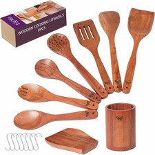 Wooden Kitchen Cooking Utensils Set  9 Piece Spatula Set with Spoon Rest, Holde
