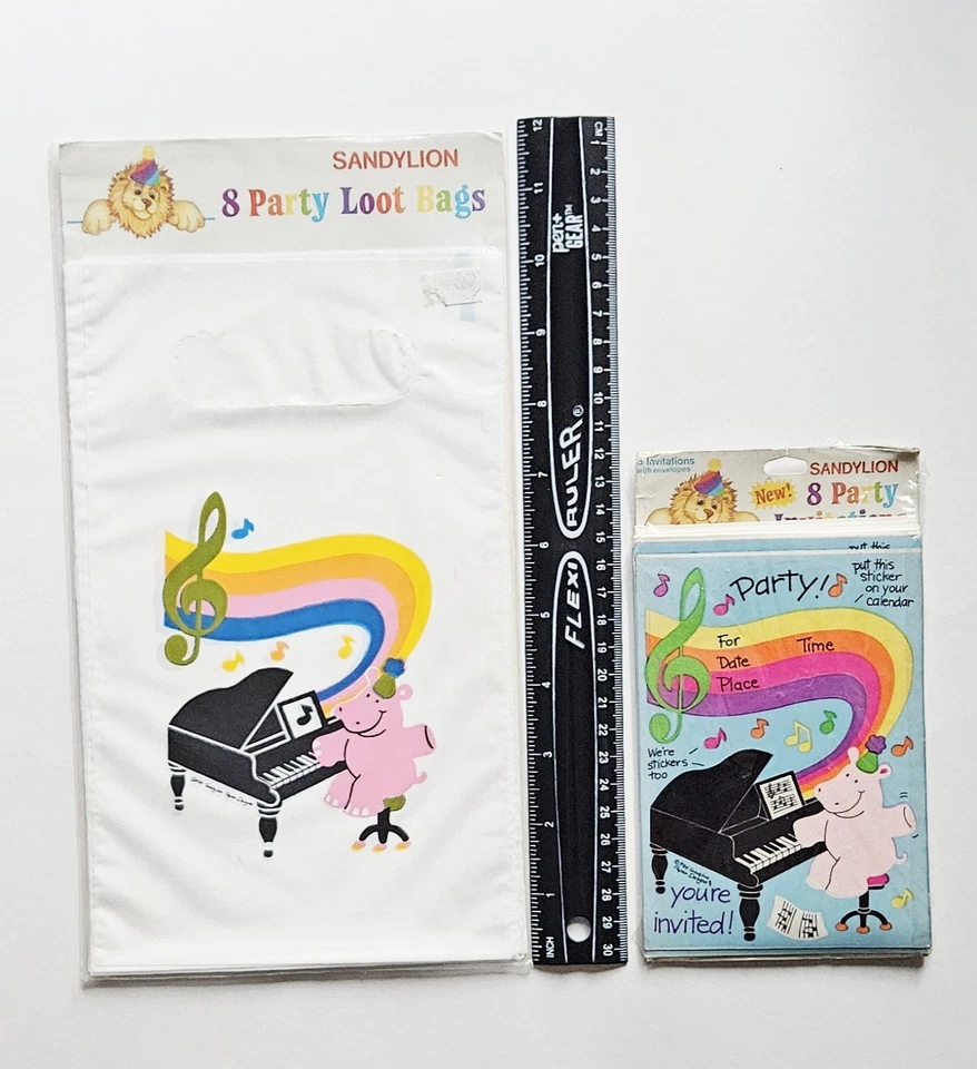 Vtg 80s Sandylion Invitation Stickers Loot Bags NIP Hippo Piano Birthday Party - Image 2 of 4