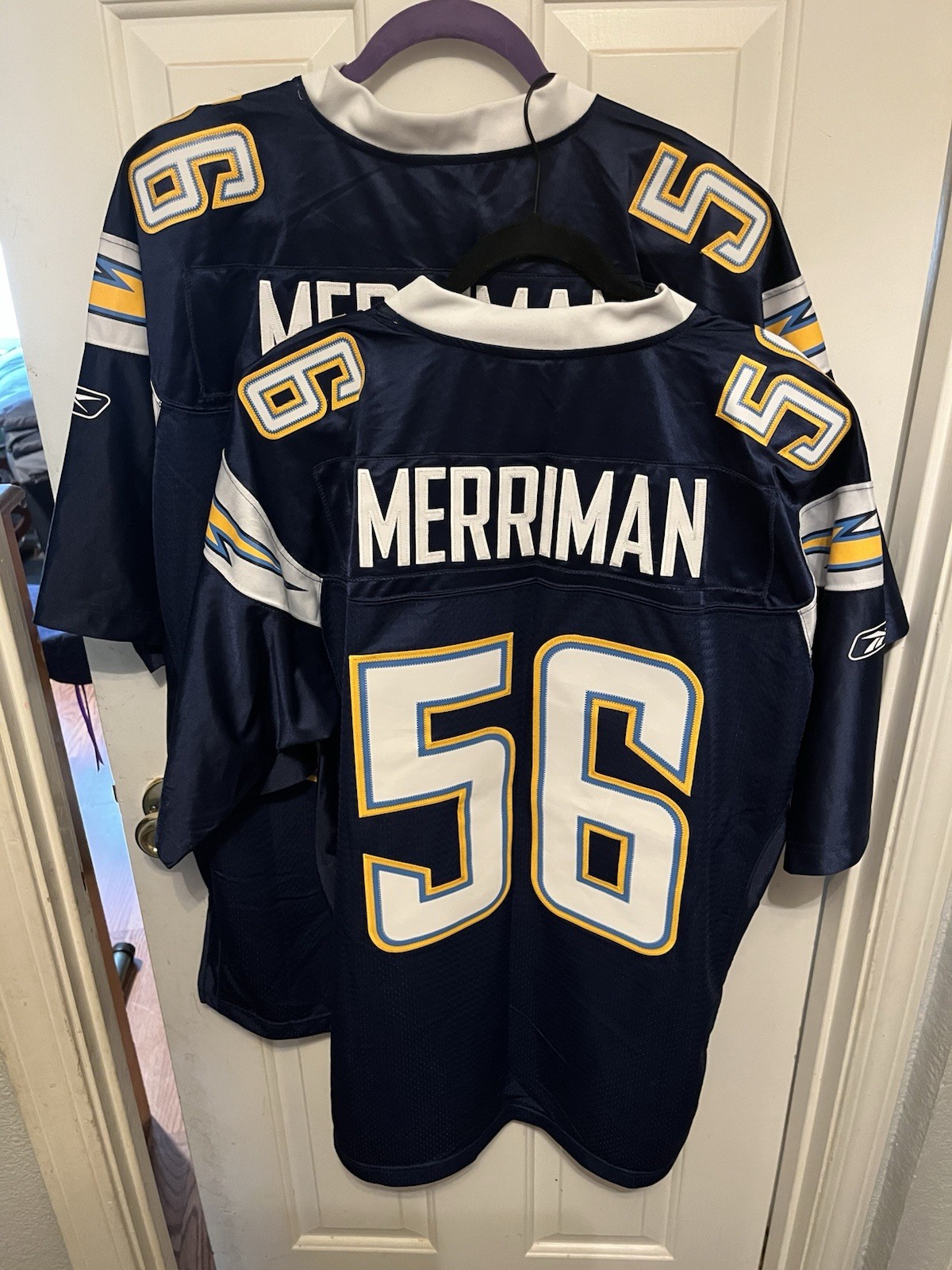Two San Diego Chargers Shawne Merriman #56 NFL Blue Jerseys Size L / G Reebok thumbnail 2