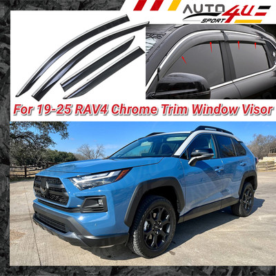 Fits 19-25 Toyota RAV4 Chrome Trim Window Visor Rain Sun Guards Shade Deflectors