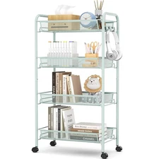 4-Tier Rolling Utility Cart with 3 Hooks Easy Assemble Mobile Storage Trolley