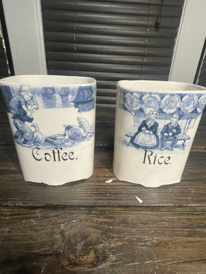 2 Kitchen Canister Jars L & R Germany  Country Blue Coffee Rice No Lids
