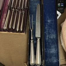 Vtg Sheffield Don Cutlery Works Carving Set & Dinner Knives. Silver PT Bead Edge