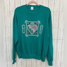 Vintage Women's Jerzees Teal Floral Heart Crewneck Sweatshirt Size XL