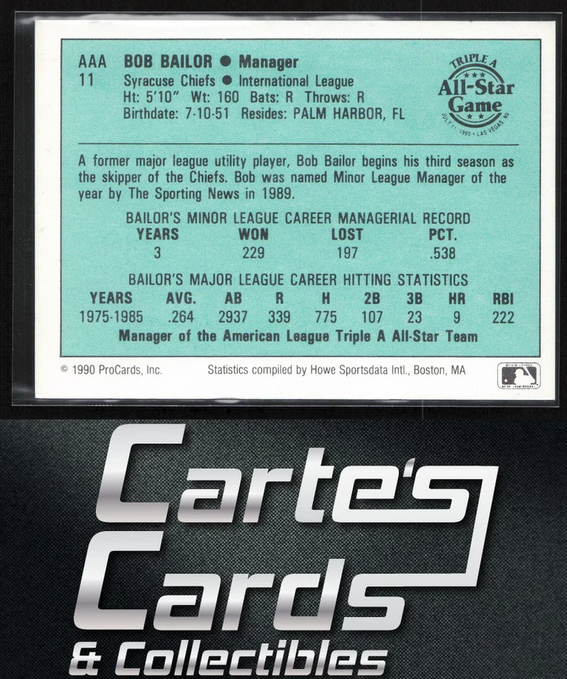 Bob Bailor 1990 ProCards Triple A All-Stars #AAA11 Syracuse Chiefs Manager - Image 2 of 2