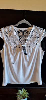 #ad White House Black Market White V Neck Sleeveless Lace Drawstring Tank Top M $26.99