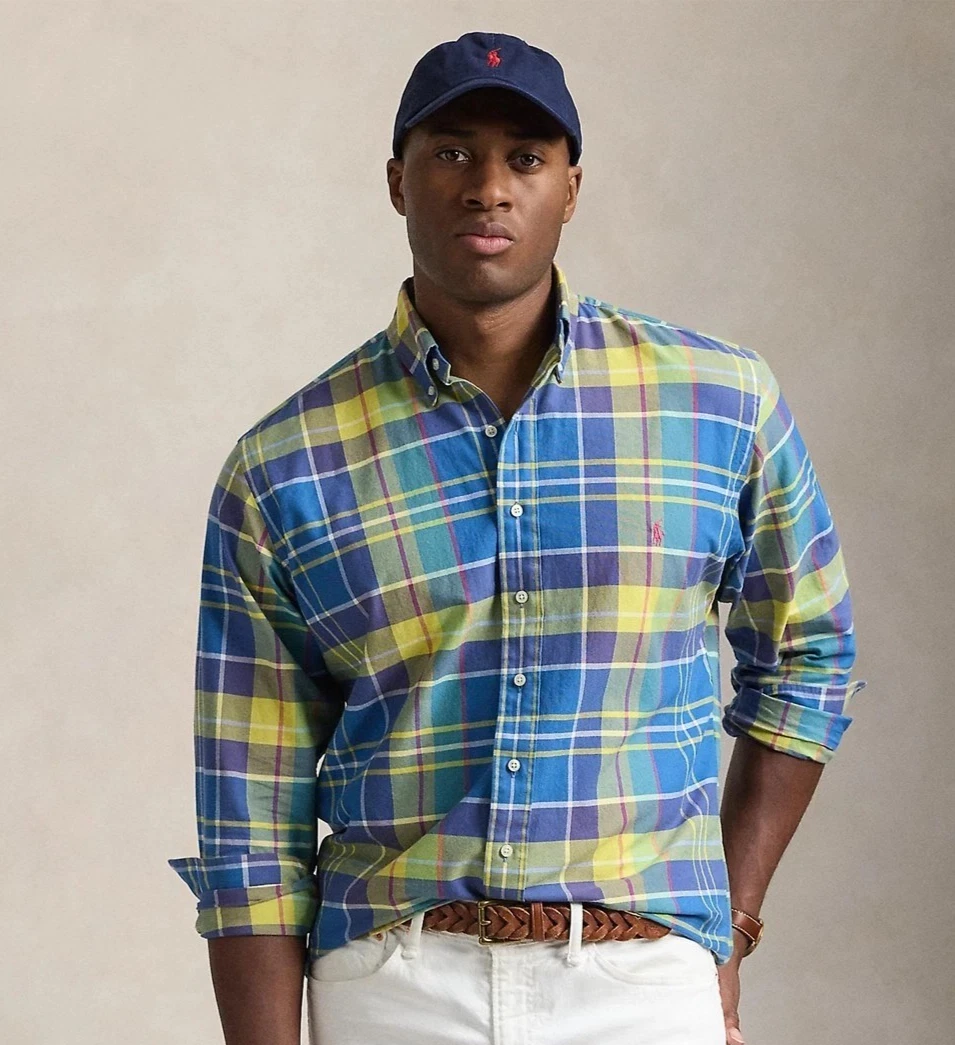 Polo Ralph Lauren Men's SZ 4XL-Tall Blue Yellow Plaid Oxford Long Sleeve Shirt