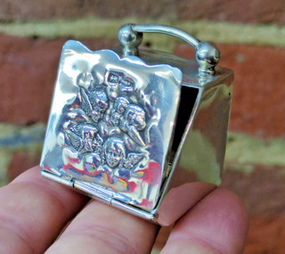 MINIATURE HM SILVER COAL BOX SCUTTLE REYNOLD ANGEL'S CHERUB RING BOX GILT HANDLE