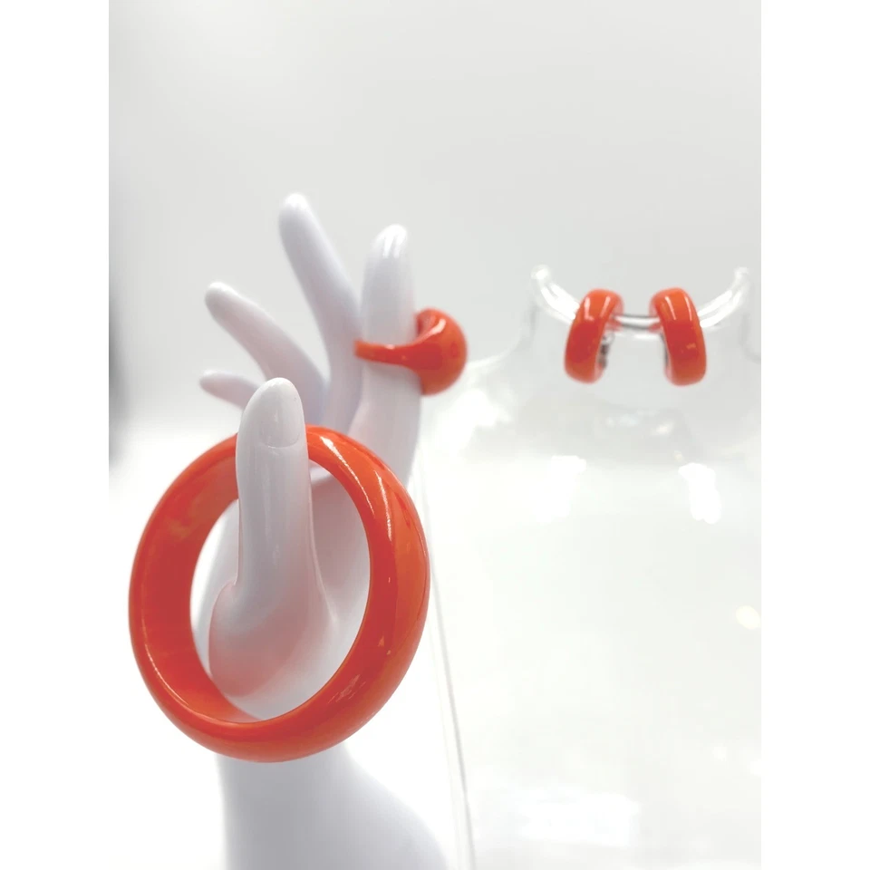 Vintage Orange LUCITE Bangle Ring Clip Earrings Jewelry Set Retro Mod - Image 4 of 4