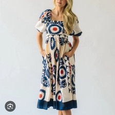 Piper and Scoot blue, white and red midi dress puff sleeves and elasticized back