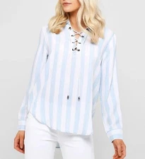 Rails Uli Block Blue Stripe Shirt Lace Up Neck Nautical Coastal Top L/XL ? Read