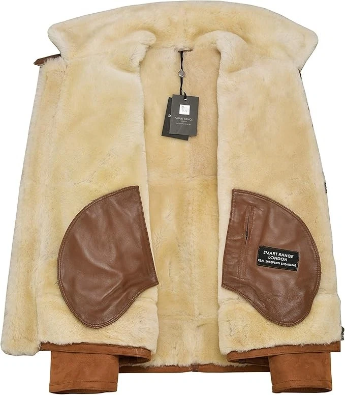 Men's B3 Shearling Sheepskin Jacket Tan Whisky Beige Fur Bomber Pilot RAF HARBIN — 第 3/4 张图片