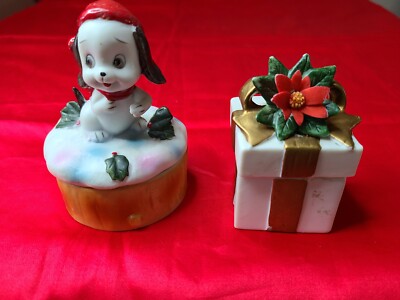 VTG Taiwan Ceramic Bisque XMAS  Puppy candle Trinket Dish Lunds's Lites Lefton 