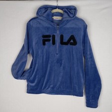 FILA Women's Velour Velvet Blue Jacket Hoodie Fila Spellout logo Size Medium
