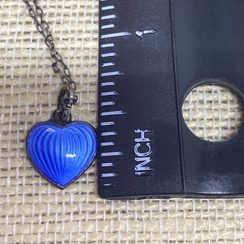 Antique OPRO Sterling Silver Pendant 925 Blue Enamel Heart Necklace 22” Chain - Picture 6 of 7
